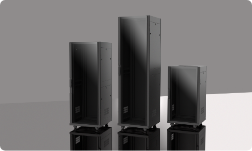 Three enclosed Strong Signature-style equipment racks